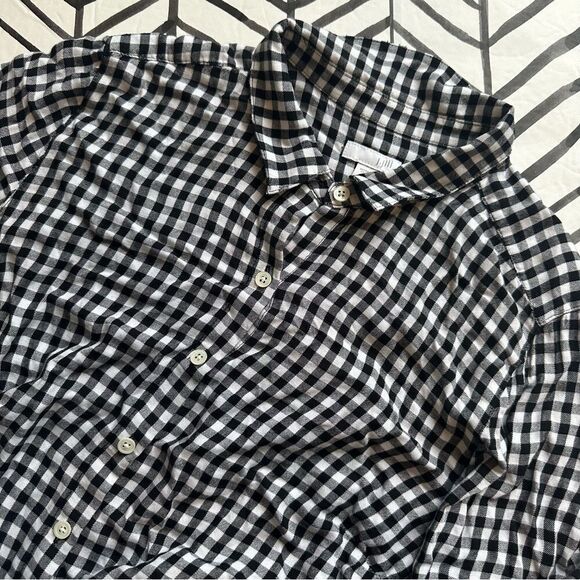 J. Jill Size M Petite Black and White Gingham Plaid Button Down V-Neck Blouse - Picture 1 of 4